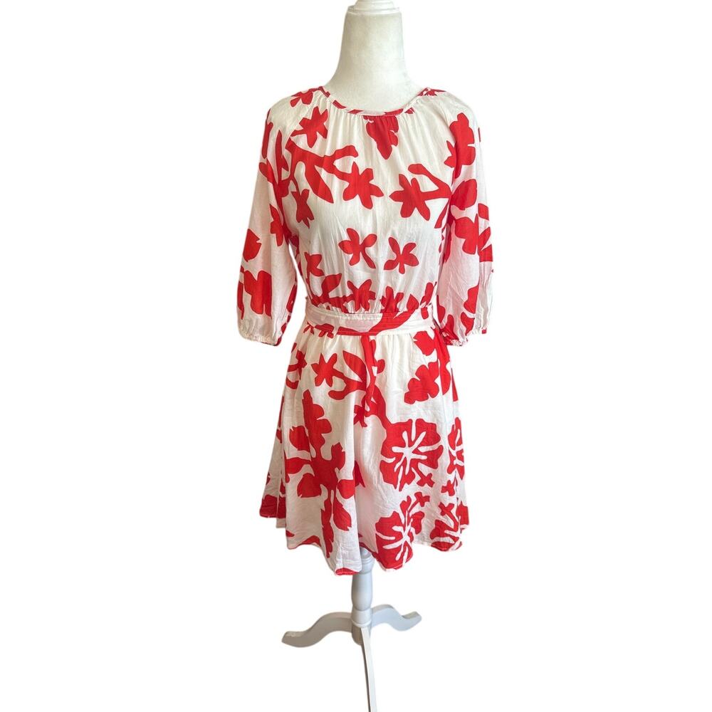 H&M Red Floral Puff Sleeve Dress Small 100 Cotton